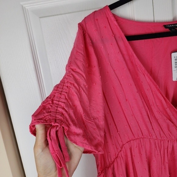 Torrid Pink Midi Dress Faux Wrap Swiss Dot Surplice Ruched Plus Size 2 2X 18-20 - Picture 6 of 15